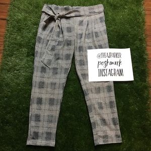 Grey Plaid Tie Front Dress Pants